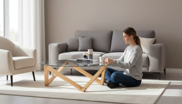 Couchtisch am modernen Stil ronn Glasdëschplack Wunnzëmmer Holzbeen