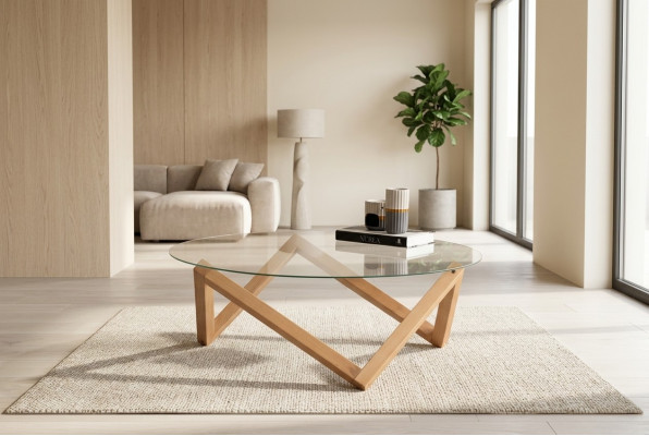 Couchtisch am modernen Stil ronn Glasdëschplack Wunnzëmmer Holzbeen