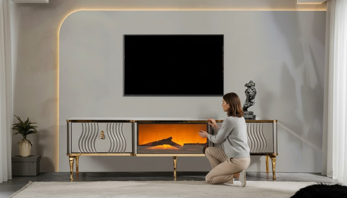Wäisst TV-Sideboard gëllen MDF Spanplack + Metall Wunnzëmmer TV Miwwelen