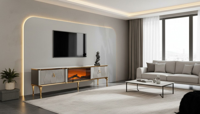 Wäisst TV-Sideboard gëllen MDF Spanplack + Metall Wunnzëmmer TV Miwwelen