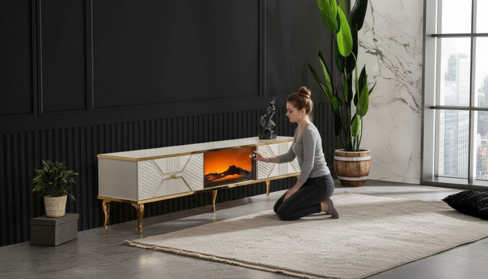 Luxuriéis TV-Sideboard mat wäis-gëllfaarwege Kader aus MDF Metall Wäiss