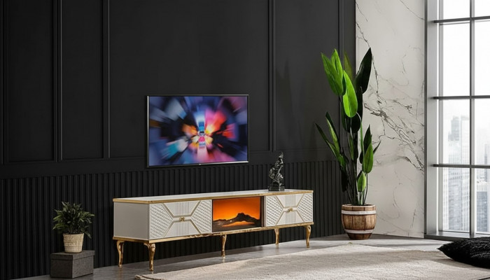 Luxuriéis TV-Sideboard mat wäis-gëllfaarwege Kader aus MDF Metall Wäiss