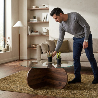 Modernen Couchdësch Wunnzëmmer Glas donkelbrong Holz Spanplack Neit