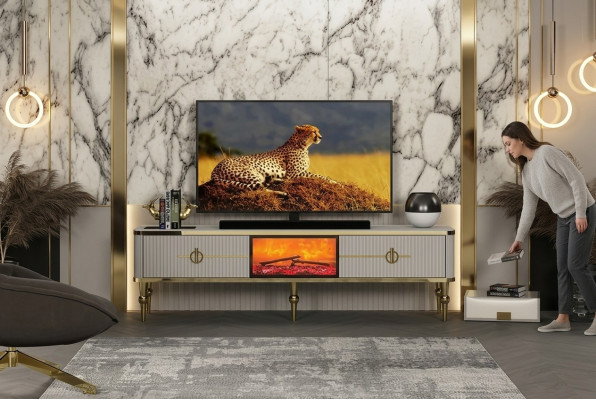 Wunnzëmmer TV Lowboard héichwäerteg Materialien MDF Metall wäiss + gold