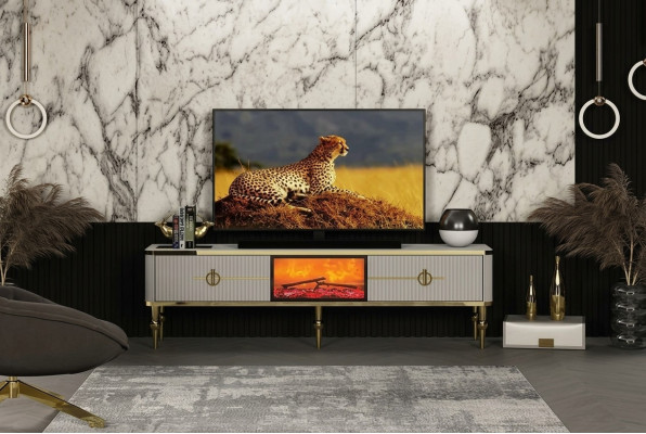 Wunnzëmmer TV Lowboard héichwäerteg Materialien MDF Metall wäiss + gold