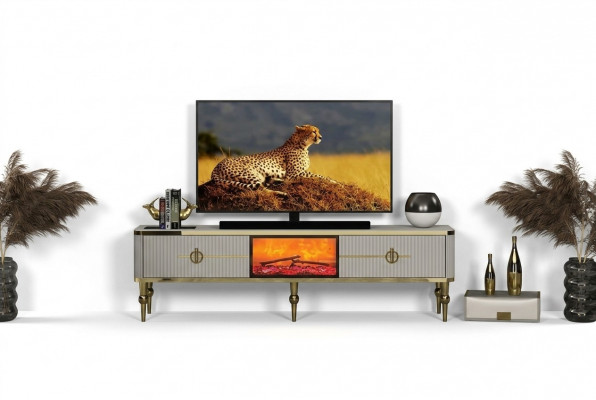 Wunnzëmmer TV Lowboard héichwäerteg Materialien MDF Metall wäiss + gold