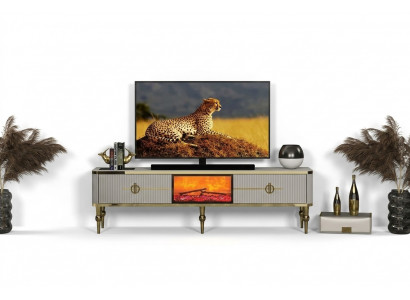 Wunnzëmmer TV Lowboard héichwäerteg Materialien MDF Metall wäiss + gold