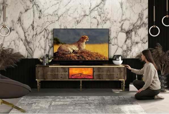 TV-Sideboard Wunnzëmmer Luxus donkelbrong MDF + Metall Gold nei