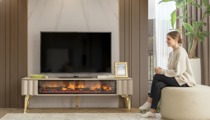 Sideboard RTV Wunnzëmmer Luxusméiwell Kamin Beige MDF Metall Lowboard