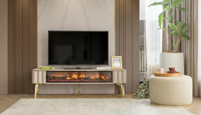 Sideboard RTV Wunnzëmmer Luxusméiwell Kamin Beige MDF Metall Lowboard