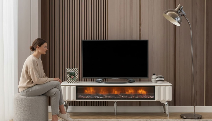 TV-Lowboard wäiss Spanplack Metall-Luxusméibl Kamäin Stuff nei
