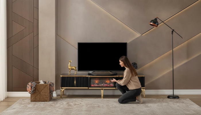 Schwaarzt TV-Lowboard nei luxuriéis Miwwelen MDF-Metall fir Wunnzëmmer