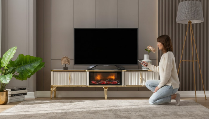 Wunnzëmmer TV-Lowboard wäiss + Gold MDF Säitendësch Metall RTV Luxus Nei