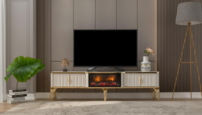 Wunnzëmmer TV-Lowboard wäiss + Gold MDF Säitendësch Metall RTV Luxus Nei