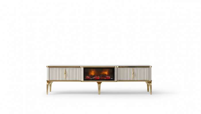 Wunnzëmmer TV-Lowboard wäiss + Gold MDF Säitendësch Metall RTV Luxus Nei