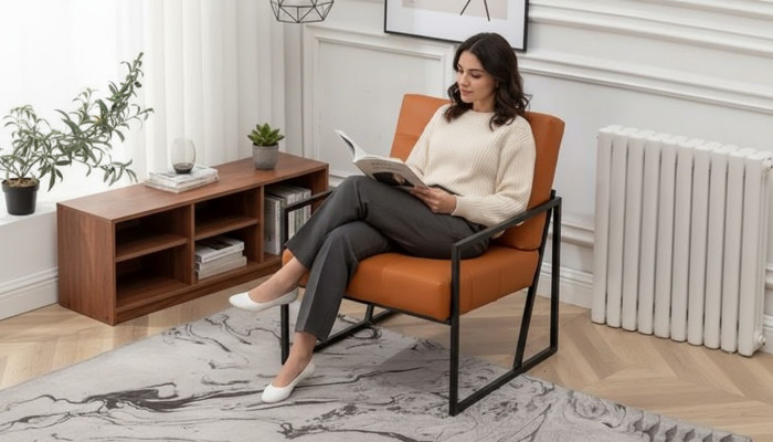 Wunnzëmmer Sëtz Orange Nei luxuriéis Metallbeen Textilpolsterung