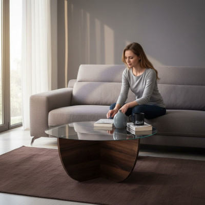 Minimalistesche Couchtisch aus Glas Holz X-Bein moderne Stil nei