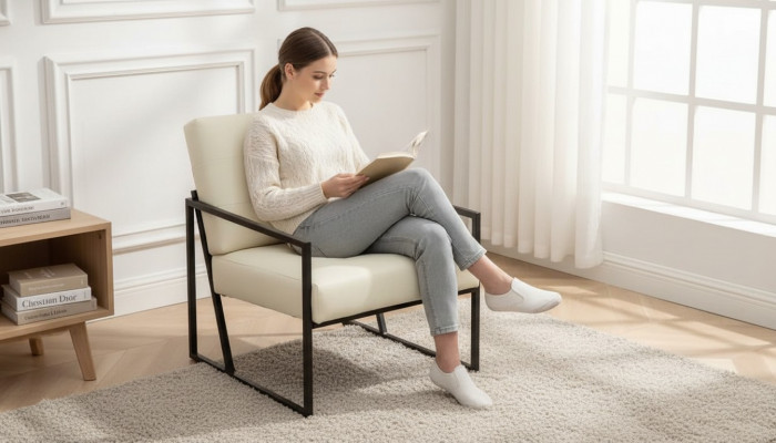Exklusiven Sesselen Wunnzëmmer modernen Stil beige Textil Metallbeen