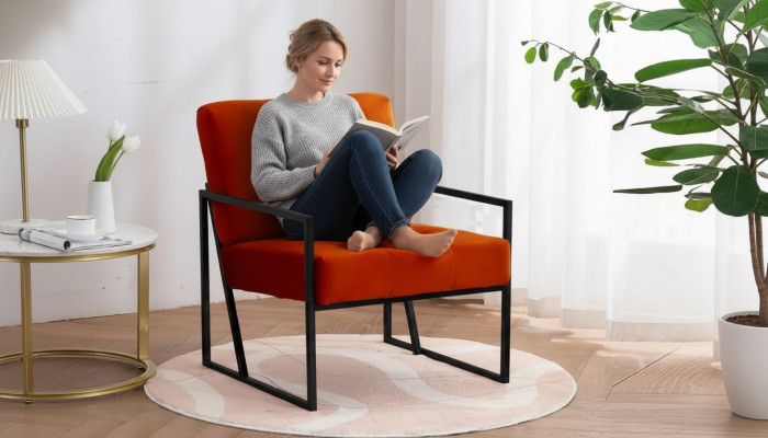 Orangen Aarmstull Wunnzëmmer Luxusméiwwel Héichwäerteg Metallsbeen Textil Nei