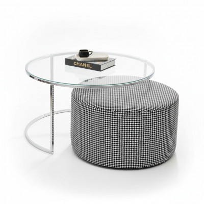 Wunnzëmmer-Set Couchtisch Glas a Metall + gepolsterten Sëtzocker