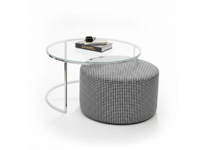 Wunnzëmmer-Set Couchtisch Glas a Metall + gepolsterten Sëtzocker