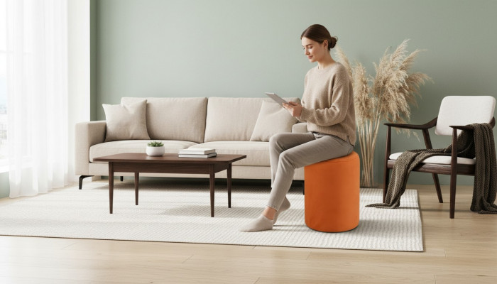 Orangefaarwege Sitzpouf neie qualitativ héichwäertege Pouf Textil Spanplack