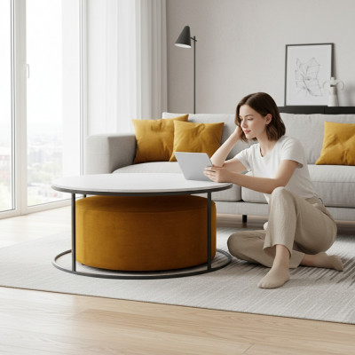 Wäisse MDF Couchtisch + orangefarbenen Hocker nei Metallsbeen Luxus