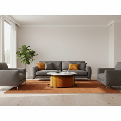 Wäisse MDF Couchtisch + orangefarbenen Hocker nei Metallsbeen Luxus