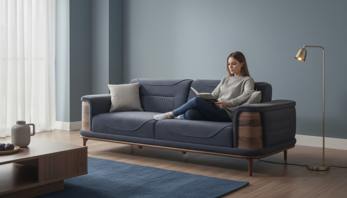 Zwee donkelgrou Sofasen am moderne Stil mat Holzbeen fir e Wunnzëmmer.