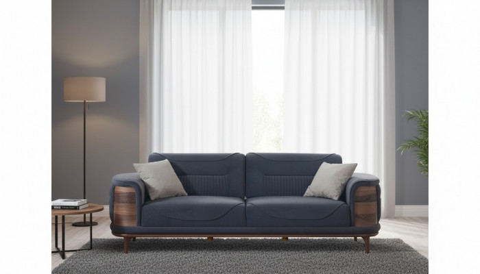 Zwee donkelgrou Sofasen am moderne Stil mat Holzbeen fir e Wunnzëmmer.