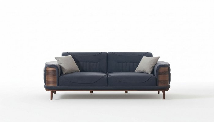 Zwee donkelgrou Sofasen am moderne Stil mat Holzbeen fir e Wunnzëmmer.