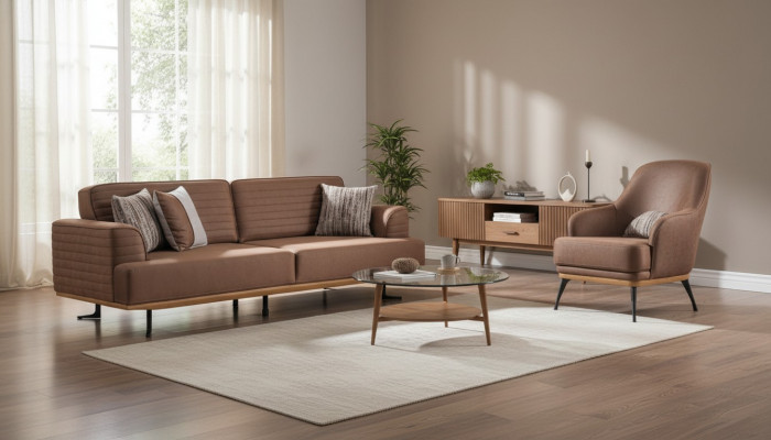 Luxus Sofagarnitur: Brongen Dräisëtzer-Sofa a Sëtzgeleeënheet fir Wunnzëmmer