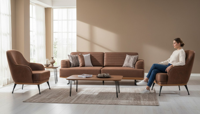 Modern dräisëtzeger Sofa an Sessel Braun Polsterméivel Set fir Wunnzëmmer