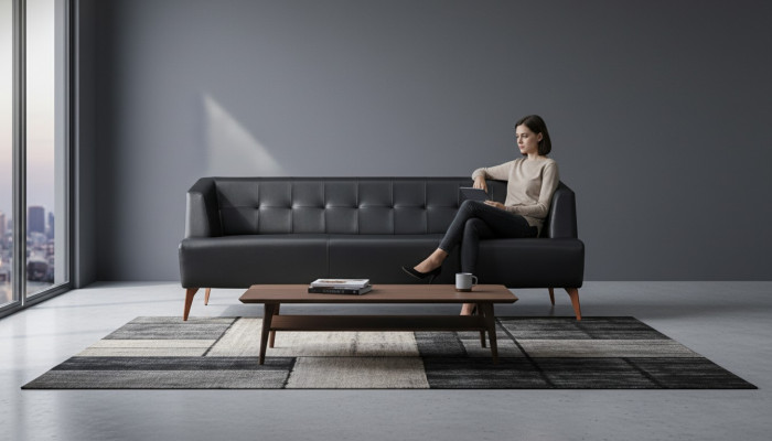 Stilvollen schwaarzen dräisëtzer modernen Ledersofa Wunnzëmmer Schlofsoph.