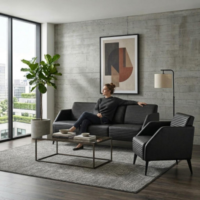Luxuriéis schwaarzt Wunnzëmmer Sofa-Kompositioun Designer Fauteuil 2-Stéck Set