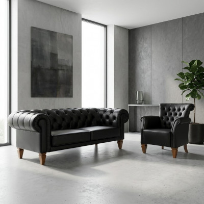 Schwaarz Chesterfield Sëtzgrupp Lieder Sofa Moderne Eenzelsëtz 2-Stéck Set