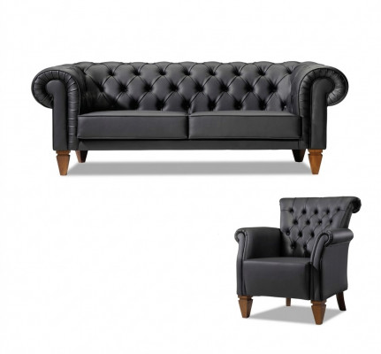 Schwaarz Chesterfield Sëtzgrupp Lieder Sofa Moderne Eenzelsëtz 2-Stéck Set