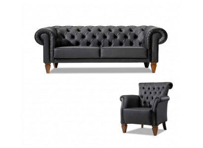 Schwaarz Chesterfield Sëtzgrupp Lieder Sofa Moderne Eenzelsëtz 2-Stéck Set
