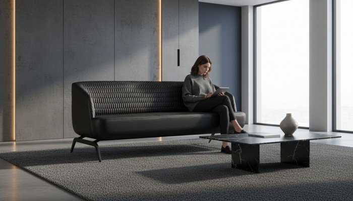 Schwaarzt Lieder-Designer-Däinzelsofa, Wunnzëmmer Couch 3-Sëtzer Miwwel.