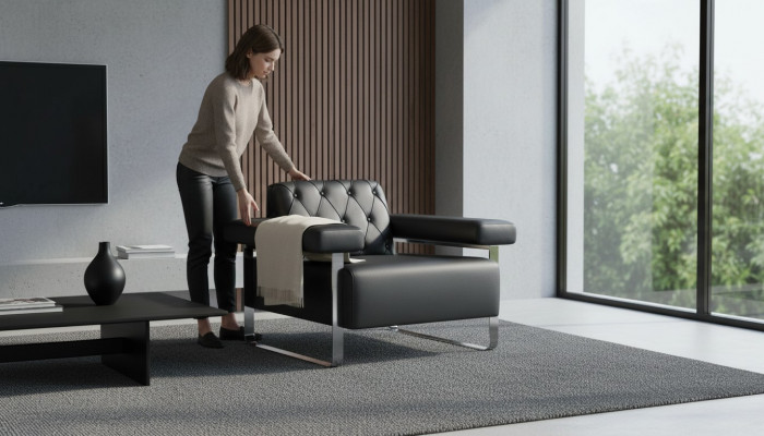 Ledersofa Chesterfield Design 1-Sëtz Schwaarz Edelstol Büro Sëtzmiwwel