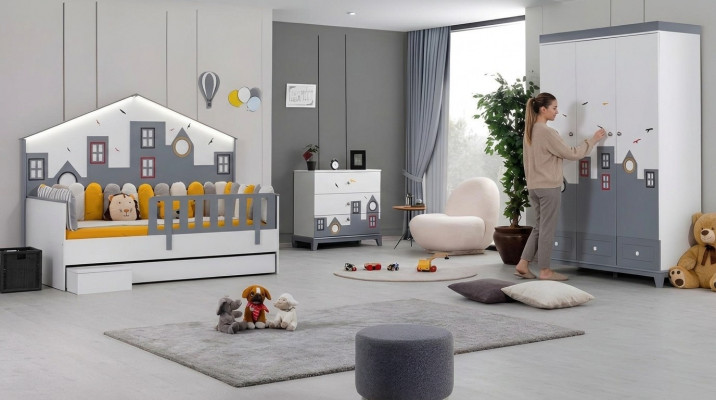 Modern Kannerzëmmer Set Kannerbett Kleederschaf Kommod Schlofzëmmer Nei