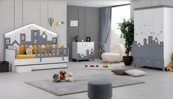 Modern Kannerzëmmer Set Kannerbett Kleederschaf Kommod Schlofzëmmer Nei