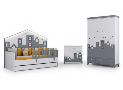 Modern Kannerzëmmer Set Kannerbett Kleederschaf Kommod Schlofzëmmer Nei