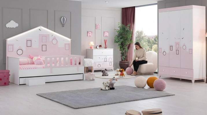 Kannerbett Rosa Kleederschaf Jugendzëmmer Kannerzëmmer Miwwelen 2-Stéck Set Holz