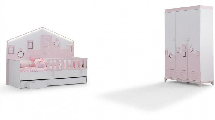 Kannerbett Rosa Kleederschaf Jugendzëmmer Kannerzëmmer Miwwelen 2-Stéck Set Holz