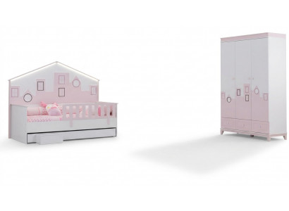 Kannerbett Rosa Kleederschaf Jugendzëmmer Kannerzëmmer Miwwelen 2-Stéck Set Holz