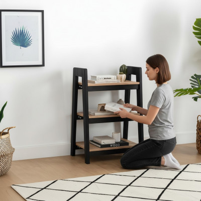 Schrëft-Béige Bicherregal Holz Steeregaler Kanner Luxus Oflaach Miwwelen