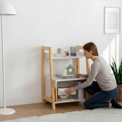 Beige-wäisst Bicherregal Regal Héichwäerteg Holz Säitetablett Kommode