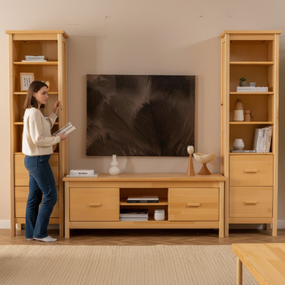 Luxus beige Wunnzëmmer Set RTV-Stänner 2x Holz Vitrinnen 3 Deeler