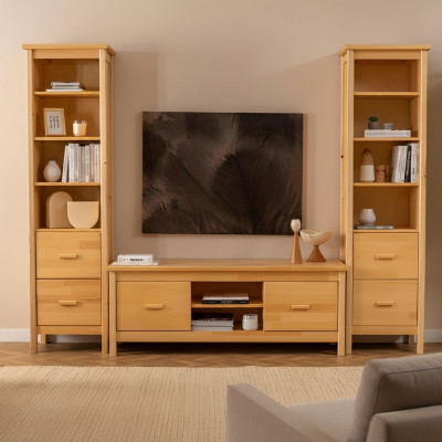 Luxus beige Wunnzëmmer Set RTV-Stänner 2x Holz Vitrinnen 3 Deeler